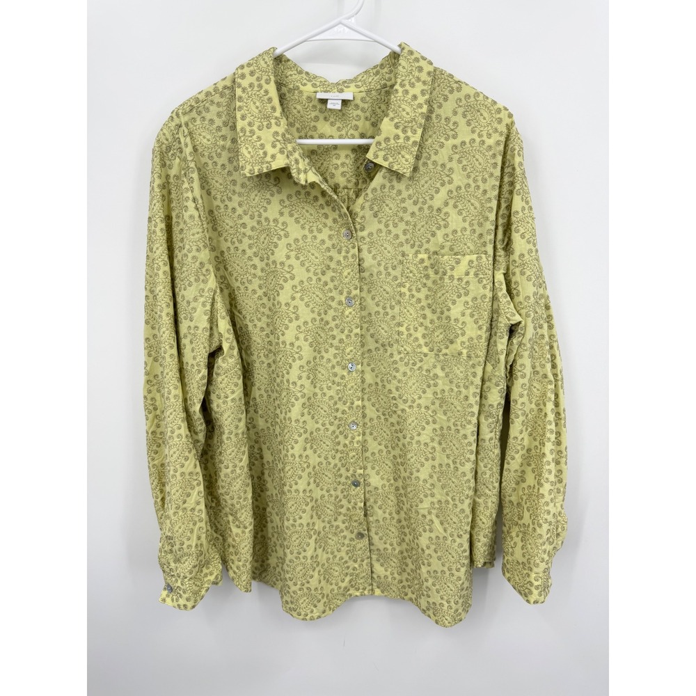 J. Jill Embroidered Button Down Shirt‎ Womens 2X Lime Green Cotton Long Sleeve